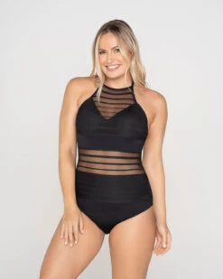 One-Piece Striped Mesh Overlay Slimming Swimsuit